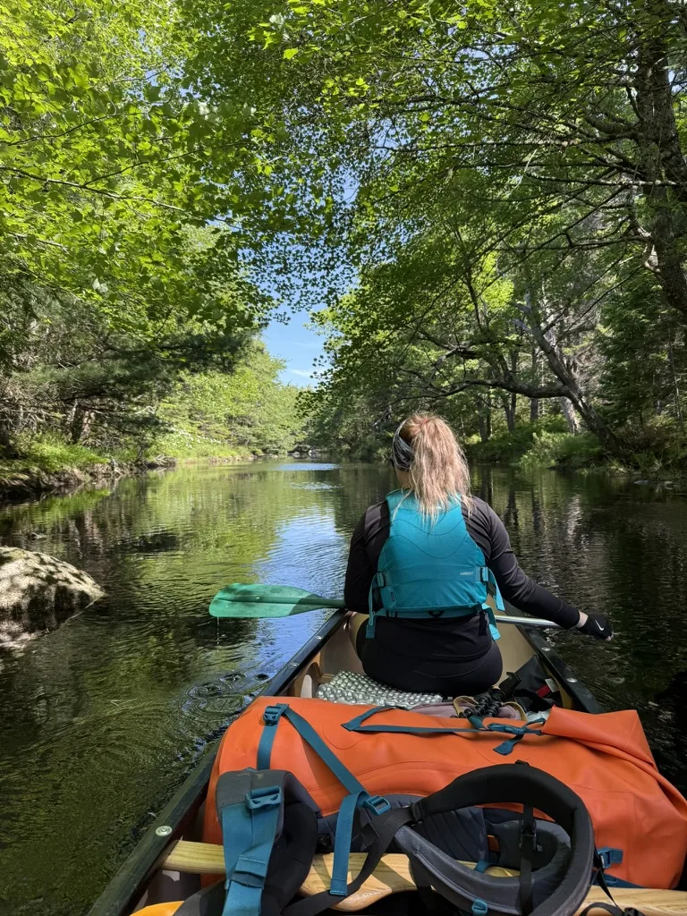Mark’s partner paddling at the front of a canoe on a tree-lined waterway