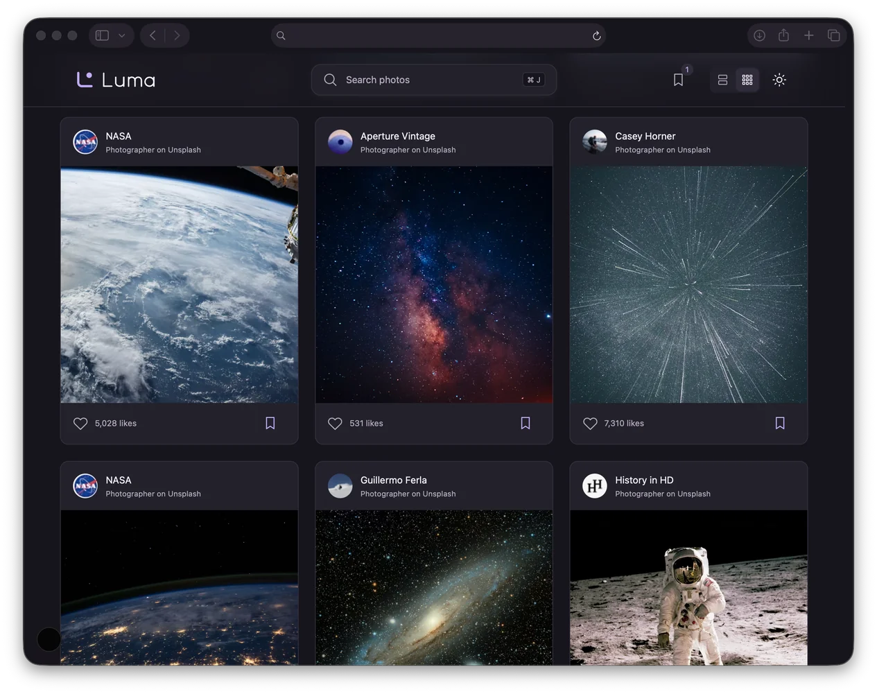 Luma showing space photography in its grid view with search and bookmark controls