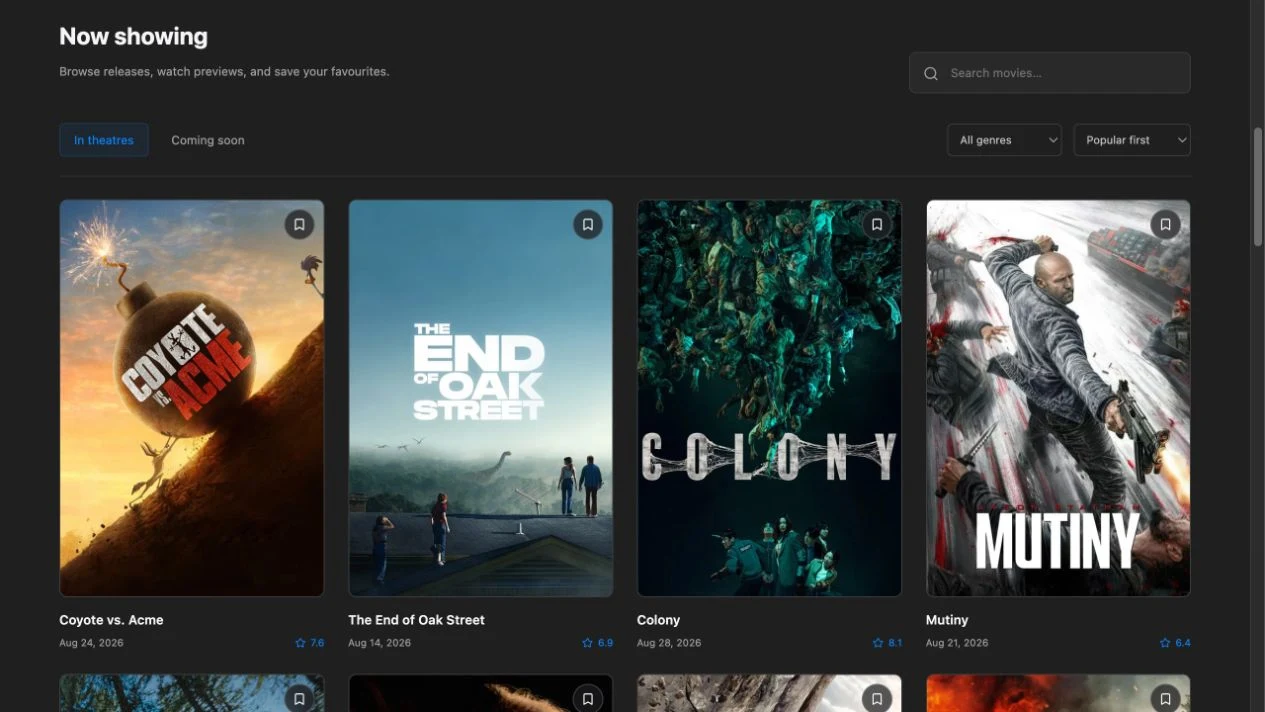 Nextwatch movie discovery app showing its poster grid, search, and movie filters